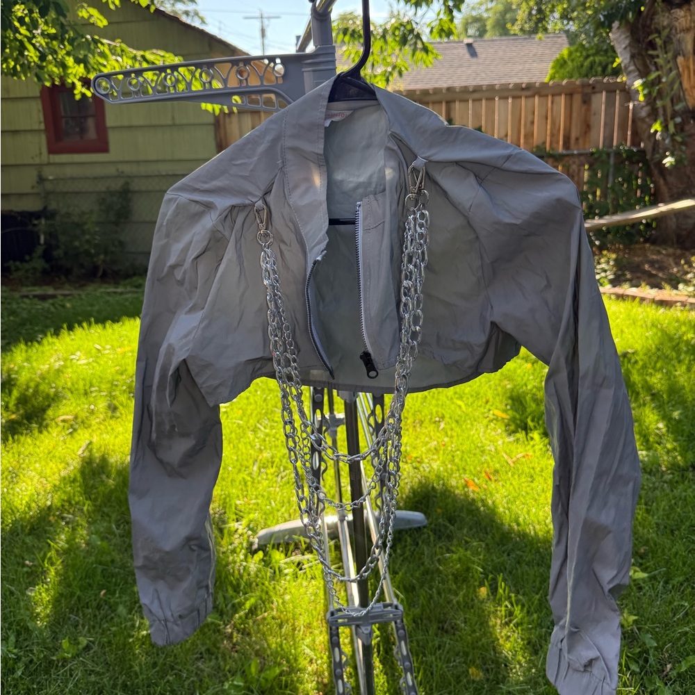 iHeartRaves Silver Cropped Windbreaker Jacket with Chain Detail